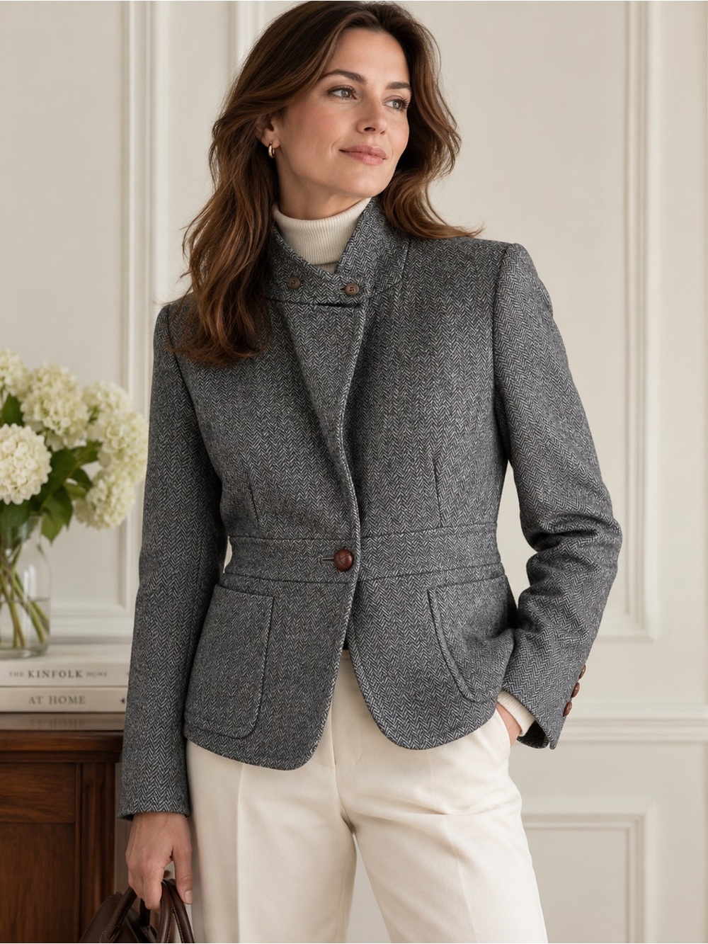 L.L.Bean 100% Shetland Wool Herringbone High Stand Collar Blazer US 12 Bird Dog